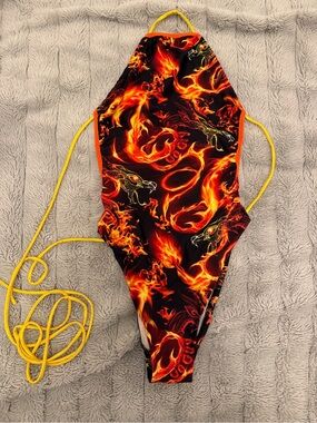 Black & Fiery Orange Dragon Flame One-Piece festival wear bodysuit